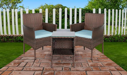 Outdoor Wicker Patio Conversation 3 Piece Bistro Set Garden Yard Porch Furniture Space Saving Rattan Two Chairs Cushions Side Storage Tempered Glass Table Brown 3pc Set