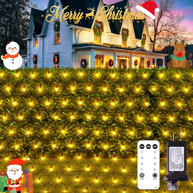 JMEXSUSS 360 LED Christmas Net Lights, Warm White, 12ft x 5ft | Outdoor Waterproof, Connectable, Plug in, Mesh Lights with Remote for Bushes Shrubs Christmas Decorations
