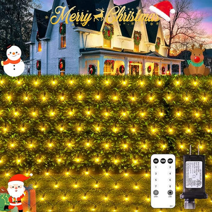 JMEXSUSS 360 LED Christmas Net Lights, Warm White, 12ft x 5ft | Outdoor Waterproof, Connectable, Plug in, Mesh Lights with Remote for Bushes Shrubs Christmas Decorations