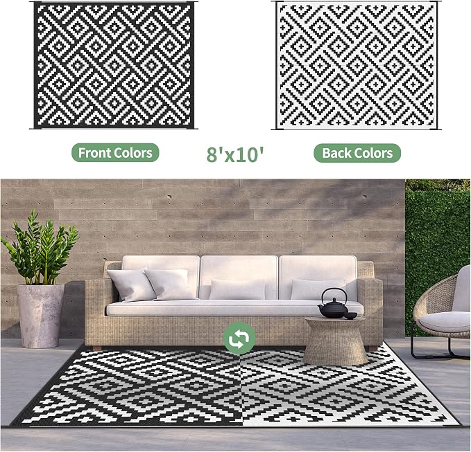GENIMO Outdoor Rugs 8x10 Waterproof, Reversible Mats, Area Plastic Straw Rug, Outside Carpet, Geometric Rv Mat for Patio Camping Picnic Backyard Deck Balcony Porch Beach Trailer (Black & White) | Outside Larger Modern Carpet Mat for Porch Decor, Deck, ...