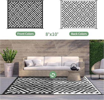 GENIMO Outdoor Rugs 8x10 Waterproof, Reversible Mats, Area Plastic Straw Rug, Outside Carpet, Geometric Rv Mat for Patio Camping Picnic Backyard Deck Balcony Porch Beach Trailer (Black & White) | Outside Larger Modern Carpet Mat for Porch Decor, Deck, ...
