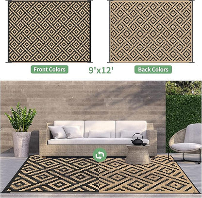 GENIMO Outdoor Rug, Waterproof Plastic Rugs 9'x12' for Camping Black Brown | Outside Larger Modern Carpet Mat for Porch Decor, Deck, Balcony, Camping, RV, Backyard, Picnic, Beach, Reversible, Foldable