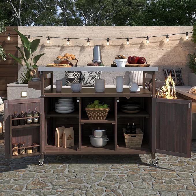 Ball & Cast Outdoor Kitchen Island,Rolling Bar Cart & Storage Cabinet,Farmhouse Solid Wood Outdoor Grill Table with Stainless Steel Top,Spice and Towel Rack,for Kitchen,Barbecue,Dark Brown,50.25"