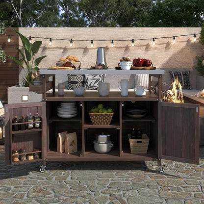 Farmhouse Rolling Solid Wood Grill Cart with Stainless Steel Top | Dark Brown, Outdoor Grill Table with Spice Rack and Towel Rack for Kitchen & BBQ