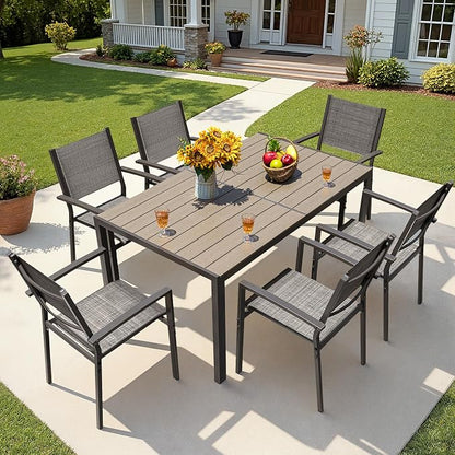 Greesum 7 Piece Patio Dining Set, Outdoor Furniture with Large Table & 6 Textilene Chairs for Garden, Poolside, Porch, Grey