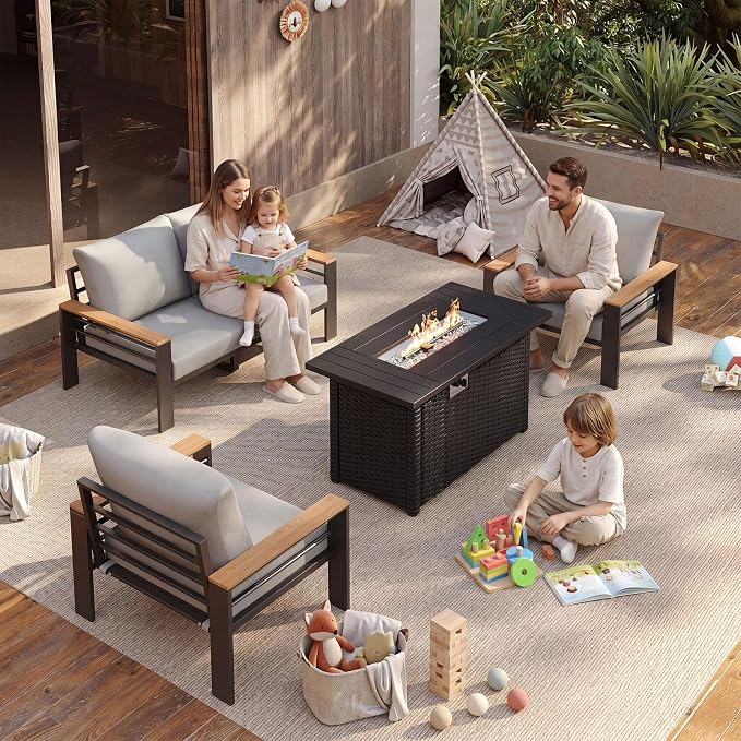 Aoxun Patio Furniture Set, Aluminum Patio Set with Fire Pit Table and 5" Thicken & Washable Cushion, Waterproof Outdoor Furniture, Outdoor Couch Sectional for Backyard (4 Seats/F, Grey)
