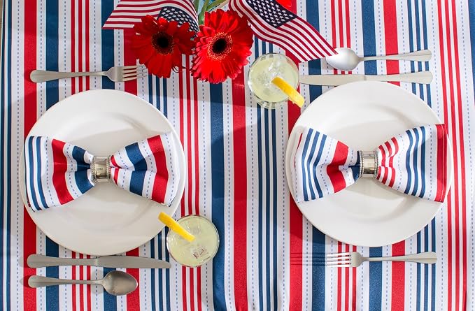 DII Patriotic Stripes Tabletop Collection, Stain Resistant & Waterproof, Tablecloth, 60x84, Red, White, & Blue