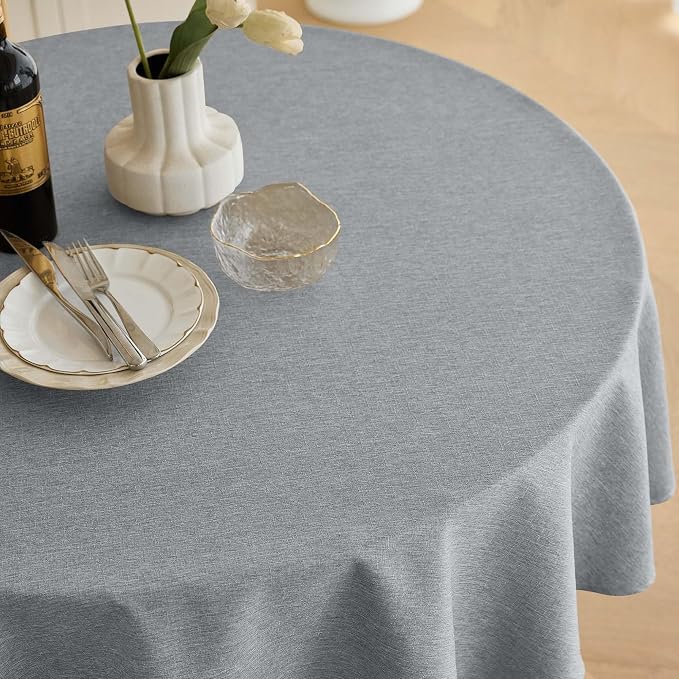 Decorelia Waterproof Round Tablecloth for Round Dining Table, Decorative Rustic Soft Wipeable Table Cloths Cover Indoor Outdoor Use for Holiday,Wedding, Kitchen (70 Inch,Round (4-6 Seats),Cool Grey)