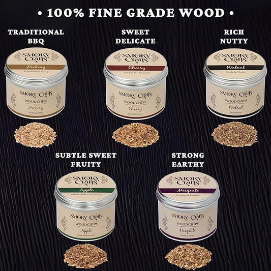 Smoky Crafts 5 x 2oz Wood Chips for Cocktail Smoker (Set of 5: Cherry, Hickory, Apple, Mesquite, Walnut) - 5 Flavors of Smoking Gun Wood Chips - Whiskey Gifts for Men