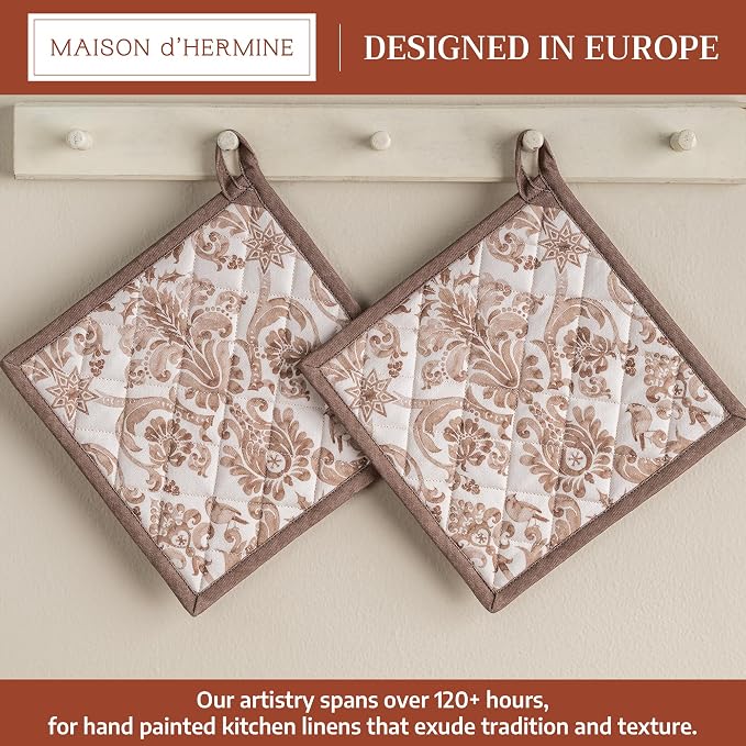 Maison d' Hermine Pot Holders 100% Cotton Potholders (8" x 8", Pack of 2) | Heat Resistant Hot Pads with Loop BBQ Cooking Baking Hotel Kitchen Handling Hot Pans Thanksgiving Christmas - Allure