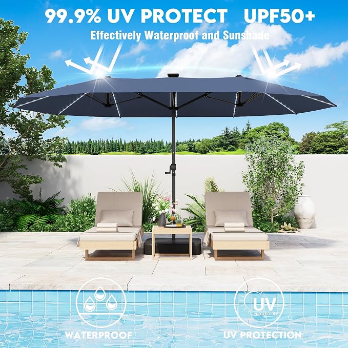 GDPFN 15ft Large Patio Umbrella with Solar Lights, Outdoor Double-Side Rectangular Umbrella with Base Included, Backyard Pool Umbrella with LED Light for Deck, Outside, Market, Navy