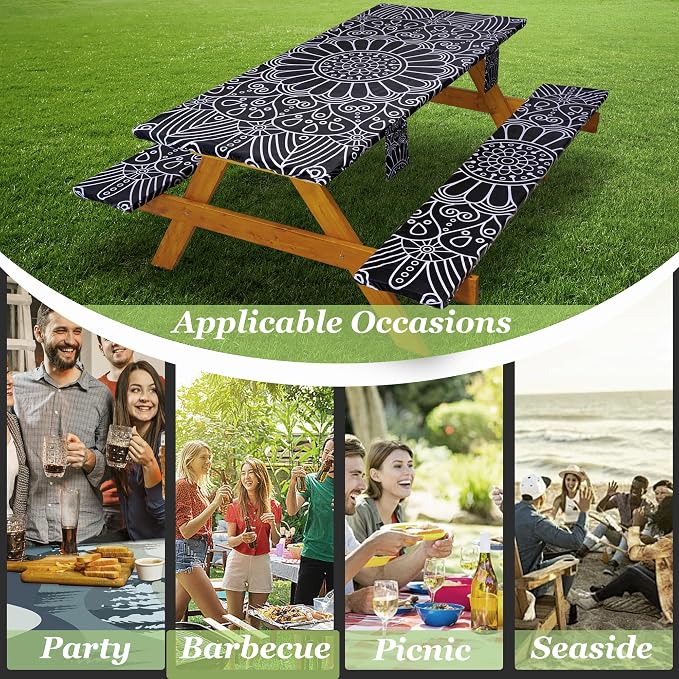 Fitted Picnic Table Cover with Bench Covers Vinyl Waterproof Elastic Edges Fitted Rectangle Tables Patio Tablecloth Camping Gear and Essentials Rv Accessories Road Trip Supplies Car Travel Must Haves