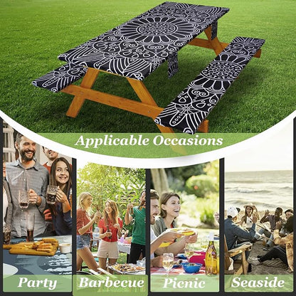 Fitted Picnic Table Cover with Bench Covers Vinyl Waterproof Elastic Edges Fitted Rectangle Tables Patio Tablecloth Camping Gear and Essentials Rv Accessories Road Trip Supplies Car Travel Must Haves