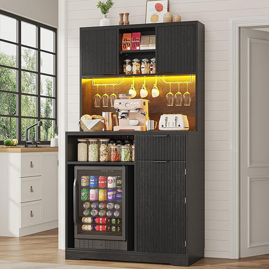 kepptory 72" Mini Fridge Cabinet with Storage, Coffee Bar Cabinet with Mini Fridge, Tall Coffee Bar Station with RGB LED Light, Wine Glass Holder, for Home Kitchen Living Room, Black