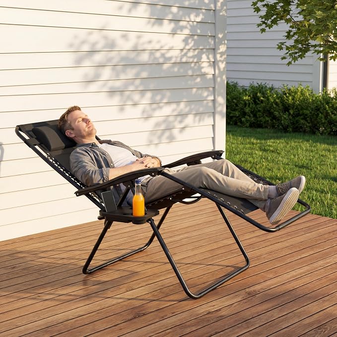 Adjustable Folding Lounge Chair, Portable Camping Chair for Adults with Headrest, Reclining Outdoor Chair with Removable Tray, Foldable Low Beach Chair for Camping, Picnic, Travel, Black