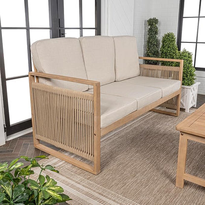 JONATHAN Y Gable Acacia Wood and Woven Rope 63" Outdoor Sofa, 3-Seater Patio Bench with Weather-Resistant Beige Cushions for Backyard and Porch, Bohemian Style, Light Teak Finish SFB1002A