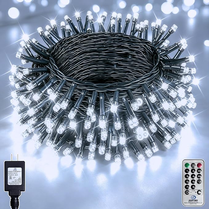 66FT 200 LED White Fairy Lights, Dark Green Wire 8 Modes Timer, IP44 Waterproof Outdoor Indoor String Lights for Patio Garden Backyard Bedroom Classroom Weeding Christmas Decor
