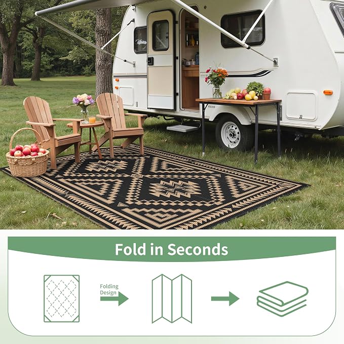 GENIMO Outdoor Rug, Waterproof Plastic Rugs for Patio, 6'x9' Dark Brown | Outside Larger Modern Carpet Mat for Porch Decor, Deck, Balcony, Camping, RV, Backyard, Picnic, Beach, Reversible, Foldable