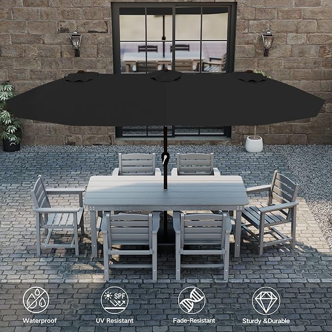 Kingdura 15ft Large Patio Umbrella with Solar Lights, Double-Sided Rectangle Lighted Outdoor Table Umbrella with Base Included, 12 Reinforced Ribs, 48 Led Lights, Crank Lift for Market Pool Deck Backyard, Black