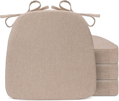 Sunsleek Chair Cushions for Dining Chairs, D-Shaped Seat Cushions with Removable Washable Cover and Ties, Chair Pads for Kitchen, Indoor Dining Room, Patio Chairs, 17'' x 16'', Set of 4, Khaki