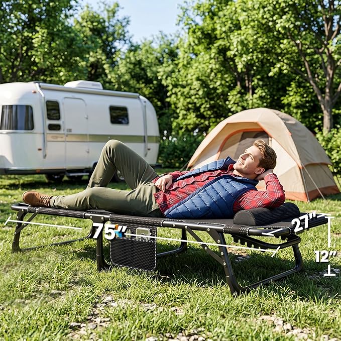 ABORON 3-in-1 Folding Patio Lounge Chair, 440LB Heavy-Duty Tri-Fold Guest Bed with Plush Cotton Cushion, No Assembly Adjustable Recliner for Office Nap, Patio Sunbathing, Poolside & Camping