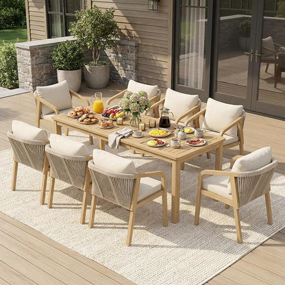 Wisteria Lane 9 Pieces Acacia Wood Outdoor Patio Table and Chairs Set for 8 | Modern Outdoor Dining Set with Umbrella Hole Table, Patio Table Set with Cushion for Backyard Deck Garden Porch