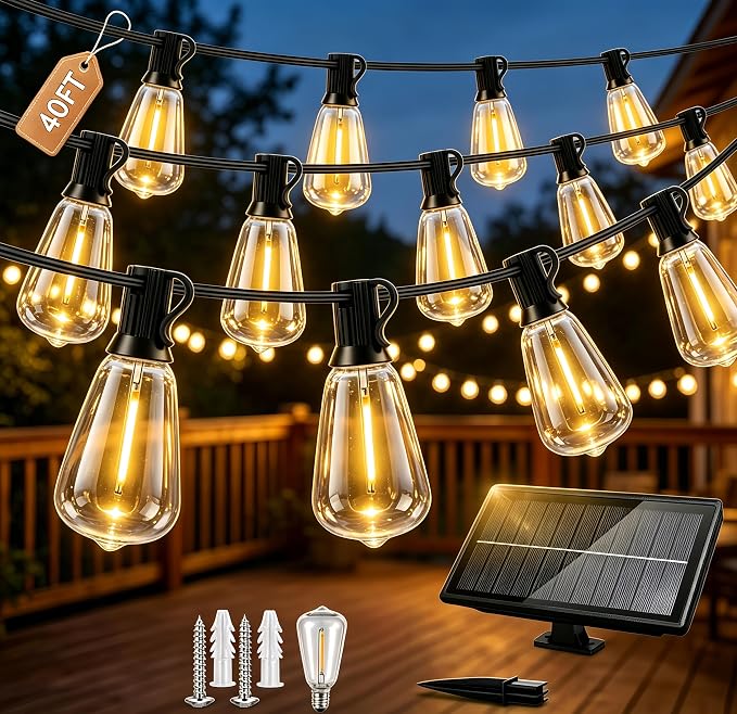 Solar Lights Outdoor, 40FT ST38 LED IP65 Waterproof Patio Lights | 13 Shatterproof Bulbs Hanging Light, Solar or USB Charging, 3 Lighting Modes for Backyard Porch Party Decor Warm White