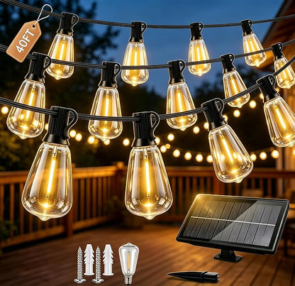 Solar Lights Outdoor, 40FT ST38 LED IP65 Waterproof Patio Lights | 13 Shatterproof Bulbs Hanging Light, Solar or USB Charging, 3 Lighting Modes for Backyard Porch Party Decor Warm White