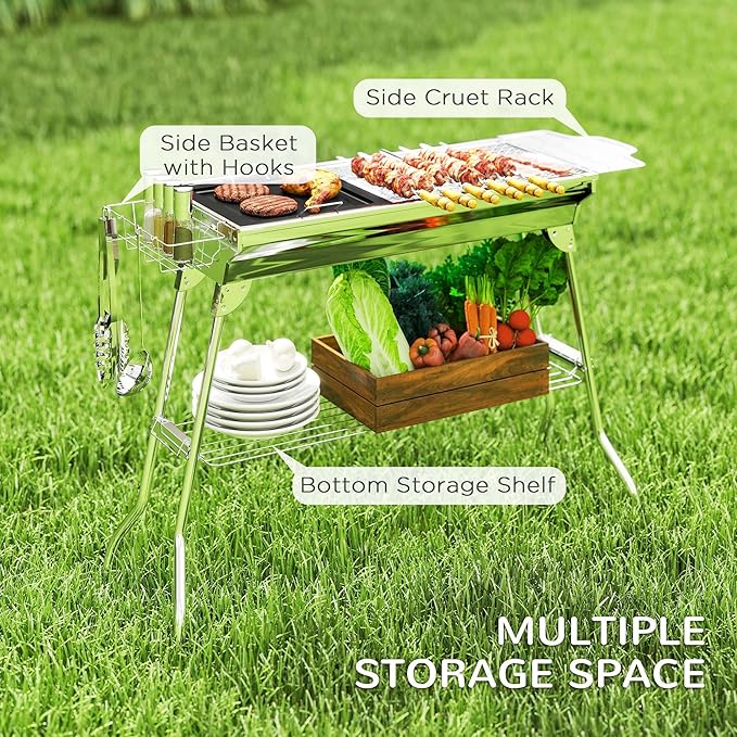 Stainless Steel Folding Charcoal BBQ Grill with Silver Finish, Easy Deployment, Compact Storage, Lightweight Construction, and Portable Usage Benefits