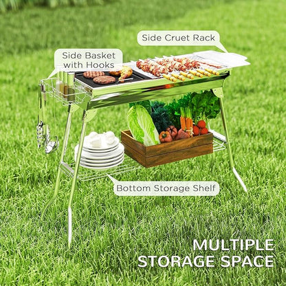 Portable Charcoal Grill with Storage, Stainless Steel Outdoor BBQ Grill for Camping, Tailgating, and Picnics