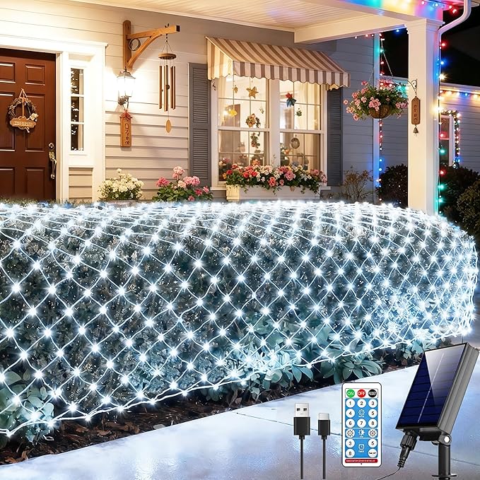Pooqla Solar Net Lights, 11.5x5ft 240LED Christmas Net Lights Outdoor with 8 Modes, Solar & USB Powered Waterproof Green Wire Net Mesh String Lights for Bush Backyard Patio Decor, Cool White