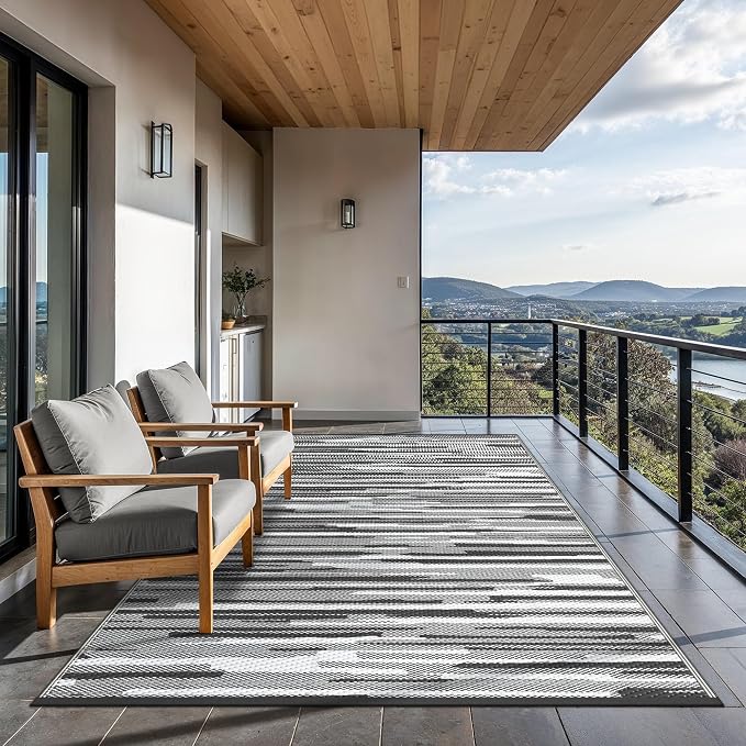 GENIMO Outdoor Rug, Waterproof Plastic Rugs for Patio, 9'x12' Onyx White | Outside Larger Modern Carpet Mat for Porch Decor, Deck, Balcony, Camping, RV, Backyard, Picnic, Beach, Reversible, Foldable