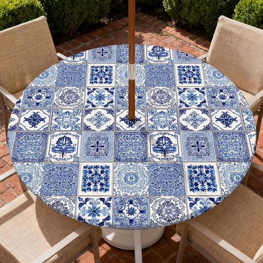 Outdoor Tablecloth with Umbrella Hole and Zipper Fits 45-48" Tables | Waterproof Round Fitted Tablecloth with Elastic Edge, Wipeable Outdoor Table Cover for Patio, Garden, Picnic