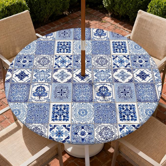 Outdoor Tablecloth with Umbrella Hole and Zipper Fits 37-44" Tables | Waterproof Round Fitted Tablecloth with Elastic Edge, Wipeable Outdoor Table Cover for Patio, Garden, Picnic
