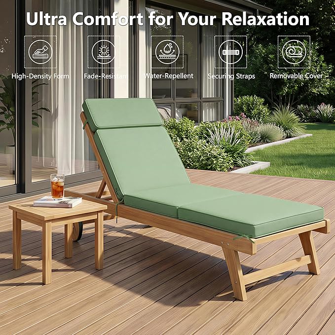 72 x 21 Inch Outdoor Chaise Lounge Cushion - Removable Cover, 4-Section Design, Water-Repellent & Fade-Resistant, 6 Tie Straps, Replacement for Patio & Pool Chairs - Sage Green