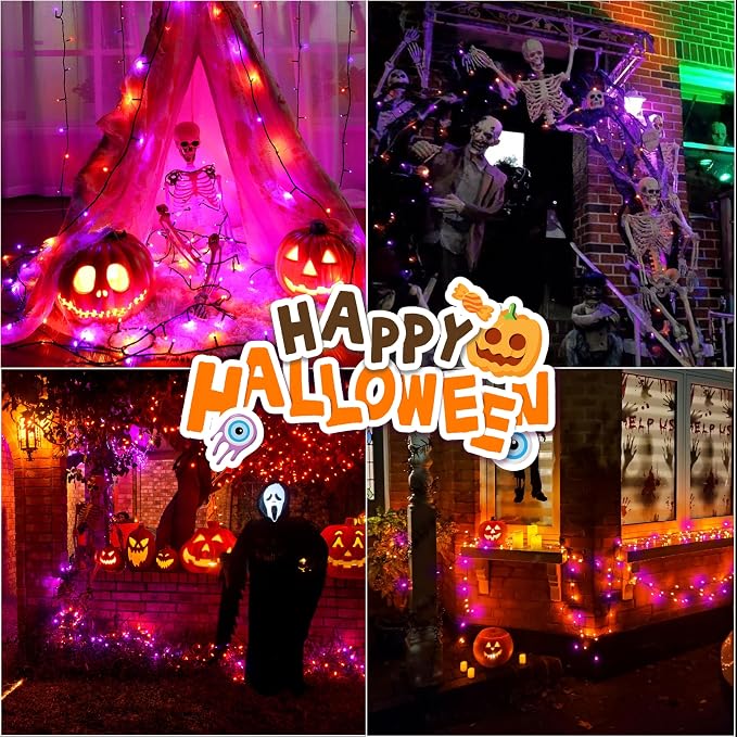 33ft Halloween Decorative Mini Lights, 100 LED Green Wire Fairy Starry String Lights Plug in, 16Lighting Modes, for Halloween Decoration Outdoor Party Decoration (Orange and Purple)