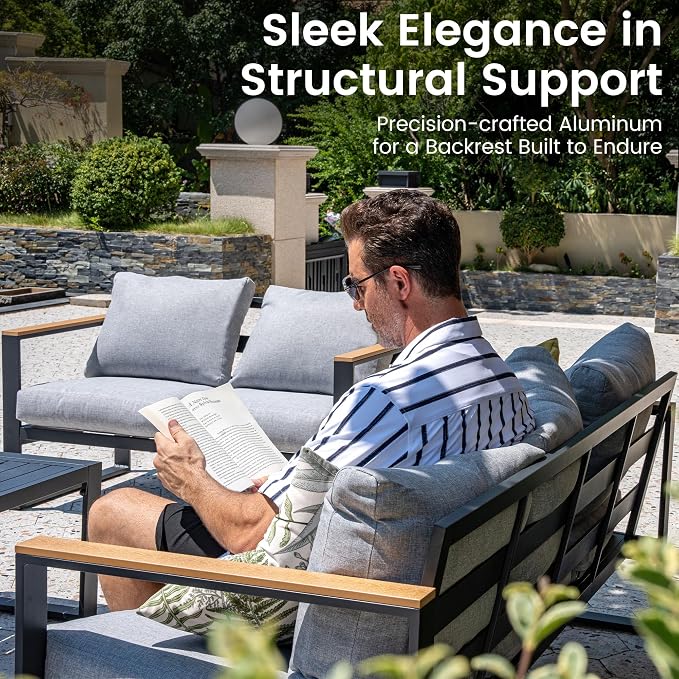 Sundale Outdoor Aluminum Patio Furniture, 3-seat All-Weather Outdoor Couch with 6" Olefin Cushion & Wide Armrest, Outside Sofa Seating for Garden Deck Porch (Grey)