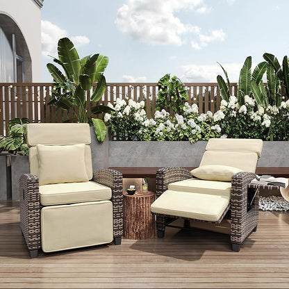 Garvee Outdoor Recliner Chair, 145° Adjustable Backrest & Footrest Lounge Chair with Removable Cushion and Flip-Up Side Table, All-Weather PE Wicker & Steel Frame for Poolside, Deck, Balcony, Khaki