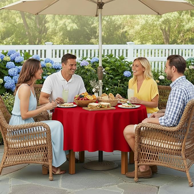 LUSHVIDA Round Outdoor Tablecloth with Umbrella Hole and Zipper, 70 Inch Red, Washable Waterproof Table Cloth Spill Proof Wrinkle Free Table Cover for Patio Spring Summer Picnic BBQS