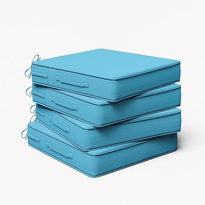 Outdoor Chair Cushion 22 x 22 x 4 Inches Patio Furniture Outdoor Waterproof Seat Cushion, Patio Chair Cushion with Handles and Ties, Square Dining Chair Cushion Set of 4, Lake Blue
