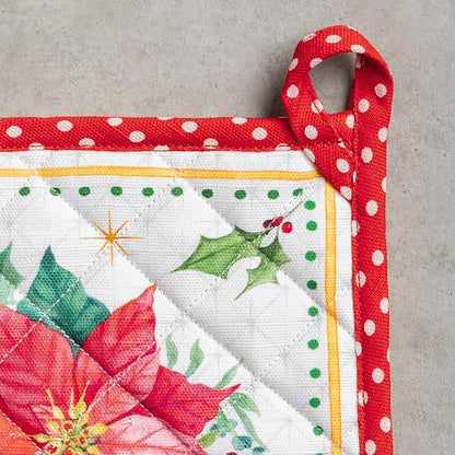 Maison d' Hermine Pot Holders 100% Cotton Potholders (8" x 8", Pack of 1) | Heat Resistant Hot Pads with Loop BBQ Cooking Baking Kitchen Handling Hot Pans Thanksgiving Christmas - Poinsettia Christmas