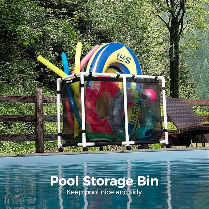 Pool Storage Bin, 105 Gallons, Holder for Noodles, Toys, Floats, Towels, Mesh Organizer for Swimming Equipments, Basic Pro Style