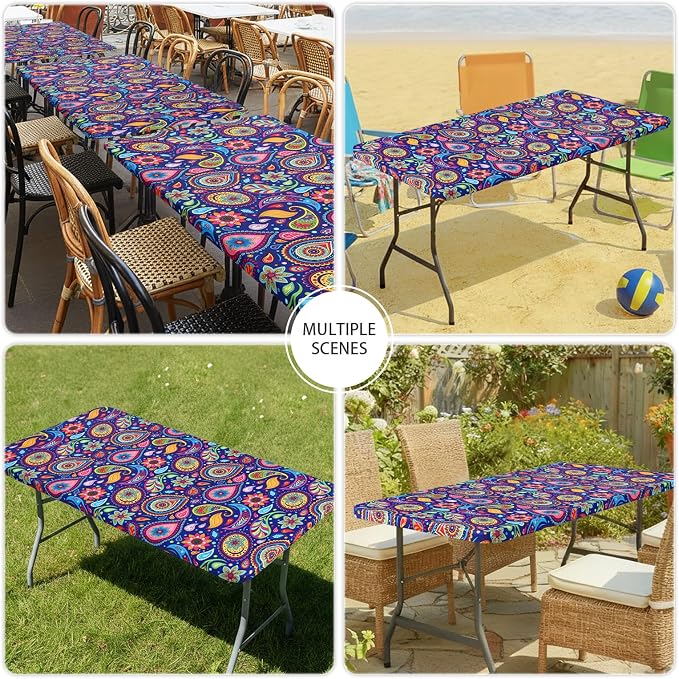 Smiry Spandex Fitted Tablecloth for 6 Foot Rectangle Tables, Washable Picnic Table Cover with Elastic, Stretch Reusable Table Cloth for Outdoor, Camping, Dining & Kitchen (Navy Paisley, 30"x72")