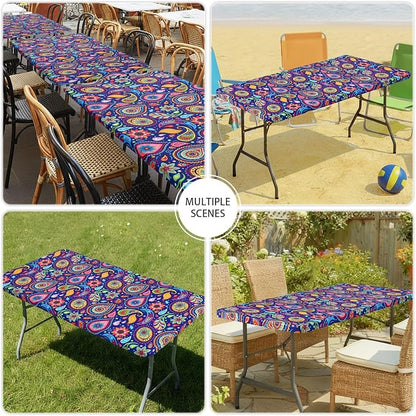 Smiry Spandex Fitted Tablecloth for 6 Foot Rectangle Tables, Washable Picnic Table Cover with Elastic, Stretch Reusable Table Cloth for Outdoor, Camping, Dining & Kitchen (Navy Paisley, 30"x72")