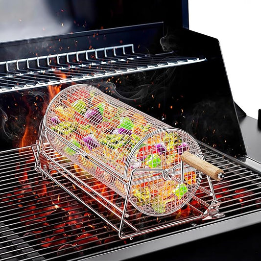 2-in-1 Rotatable Rolling Grill Basket, 304 Stainless Steel, with Removable Wooden Dual Handles & Rotating Stand, BBQ Accessories Tools for Vegetables Shrimp, Gifts for Birthday/Men/Dad/Husband