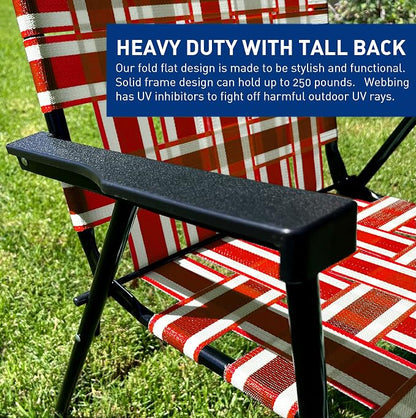 Lawn Chair Folding Steel Webbing Chaise Patio Lounger Seat Wood Handles Great for Camping, Beach, Fishing, Backyard, Stadium, Pool, Boating, and Sports 2 Pack Red
