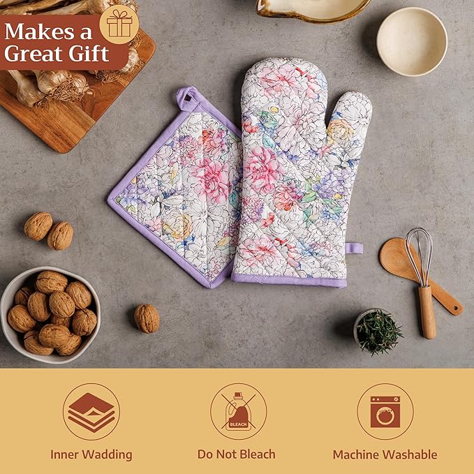 Maison d' Hermine Pot Holders 100% Cotton Heat Resistant Potholders 8" x 8" Hot Pads with Loop BBQ Cooking Baking Hotel Farmhouse Kitchen Handling Hot Pans Spring Summer (Pack of 1, Floral Love)
