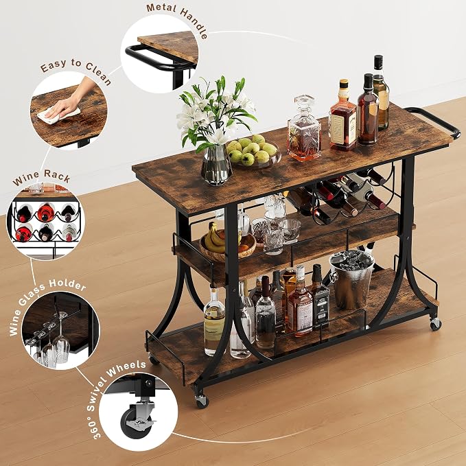 PETKABOO 3-Tier Rustic Wooden Bar Cart with Wheels, Farmhouse Style Solid Wood Rolling Serving Cart with Wine Rack for Home Bar, Heavy Duty Mobile Liquor Trolley for Kitchen Living Room