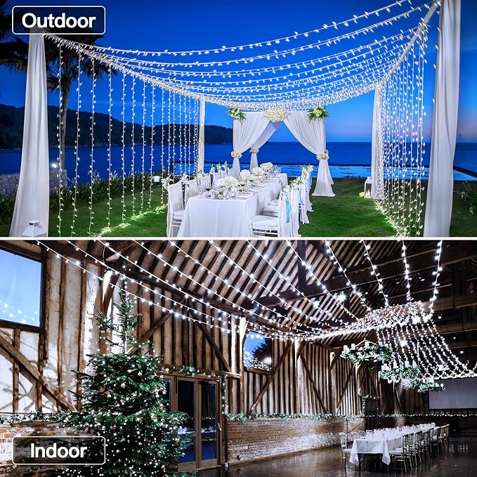 196FT 600 LED Christmas Lights Outdoor Waterproof, Timer & Memory Function, 8 Modes Cool White String Lights Plug in Twinkle Lights for Xmas Tree Holiday Garden Indoor Party Decor