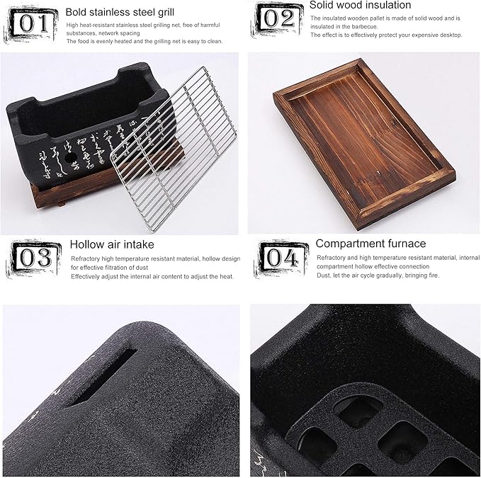 Japanese Yakiniku Grill, Portable Barbecue Stove Heat-Resistant Japanese Food Charcoal Stove, Independent Carbon Trough, for Household, Yakiniku, Robata, Yakitori, Takoyaki and BBQ